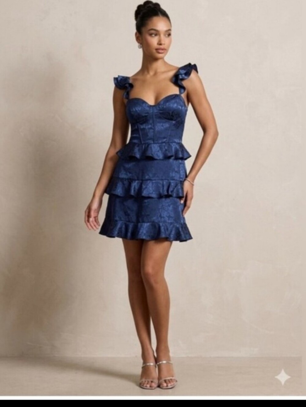 B. Darlin Navy Blue Jacquard Ruffle Corset Bodycon Mini Dress 15/16 Party